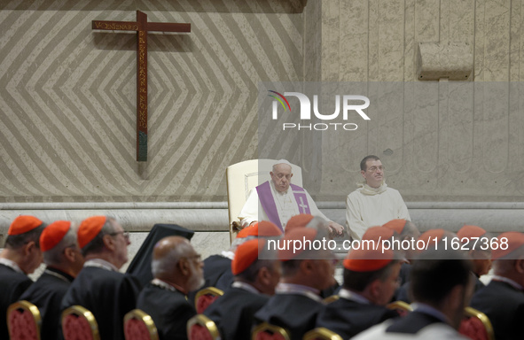 Pope Francis attends a vigil prayer in St. Peter's Basilica ahead of the start of the Synod of Bishops 16th General Assembly, at the Vatican...