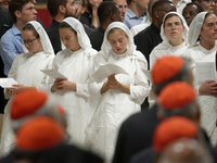 A group of nuns attend a vigil prayer in St. Peter's Basilica ahead of the start of the Synod of Bishops 16th General Assembly, at the Vatic...