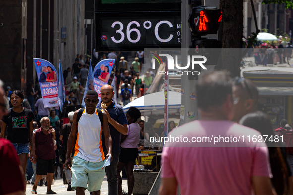 A street thermometer registers 36oC in the central region of Sao Paulo, Brazil, on October 1, 2024. 