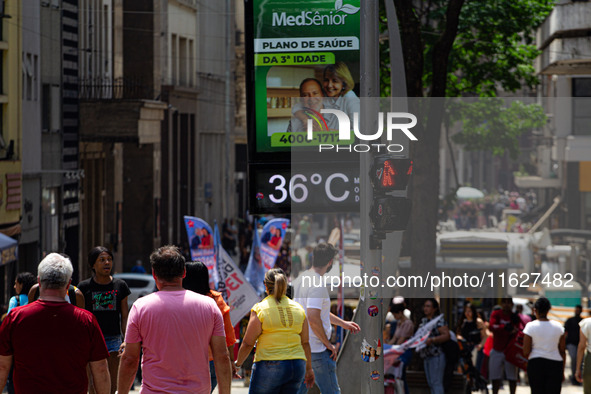 A street thermometer registers 36oC in the central region of Sao Paulo, Brazil, on October 1, 2024. 