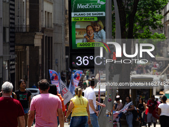 A street thermometer registers 36oC in the central region of Sao Paulo, Brazil, on October 1, 2024. (