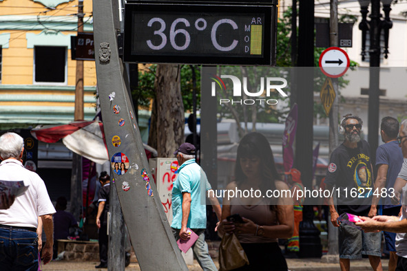 A street thermometer registers 36oC in the central region of Sao Paulo, Brazil, on October 1, 2024. 