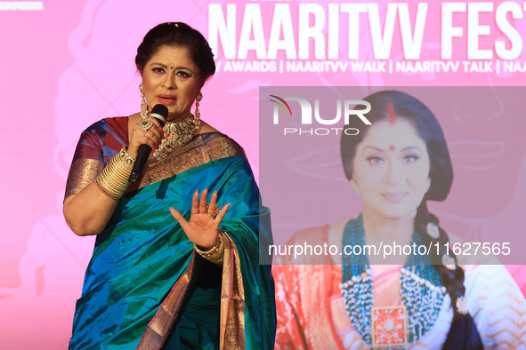 Actor and dancer Sudha Chandran speaks during the 'Naaritvv Fest' celebration in Jaipur, Rajasthan, India, on October 1, 2024. 