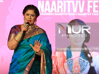 Actor and dancer Sudha Chandran speaks during the 'Naaritvv Fest' celebration in Jaipur, Rajasthan, India, on October 1, 2024. (