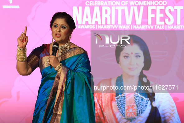 Actor and dancer Sudha Chandran speaks during the 'Naaritvv Fest' celebration in Jaipur, Rajasthan, India, on October 1, 2024. 