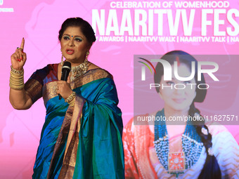 Actor and dancer Sudha Chandran speaks during the 'Naaritvv Fest' celebration in Jaipur, Rajasthan, India, on October 1, 2024. (