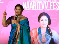 Actor and dancer Sudha Chandran speaks during the 'Naaritvv Fest' celebration in Jaipur, Rajasthan, India, on October 1, 2024. (