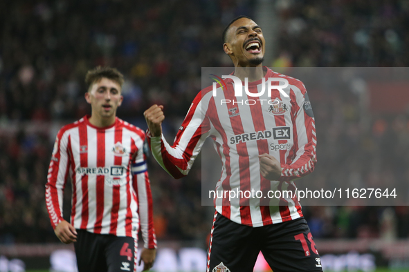 Wilson Isidor celebrates his goal during the Sky Bet Championship match between Sunderland and Derby County at the Stadium of Light in Sunde...