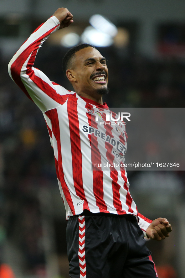 Wilson Isidor celebrates his goal during the Sky Bet Championship match between Sunderland and Derby County at the Stadium of Light in Sunde...