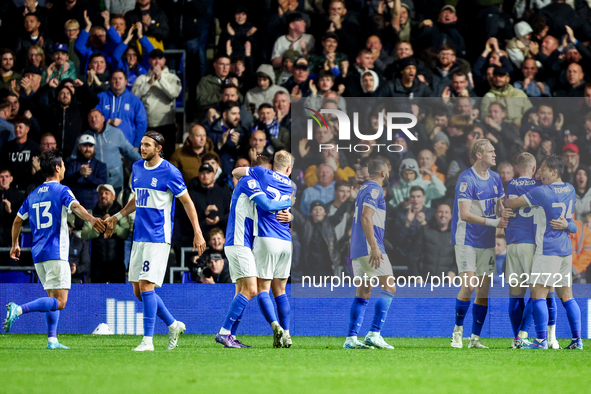 Birmingham City celebrate the goal by #9, Alfie May, during the Sky Bet League 1 match between Birmingham City and Huddersfield Town at St A...