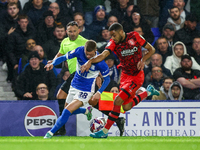 #28, Jay Stansfield of Birmingham battles with #17, Brodie Spencer of Huddersfield during the Sky Bet League 1 match between Birmingham City...