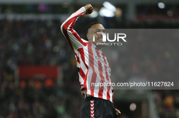 Sunderland's Wilson Isidor celebrates his goal during the Sky Bet Championship match between Sunderland and Derby County at the Stadium Of L...