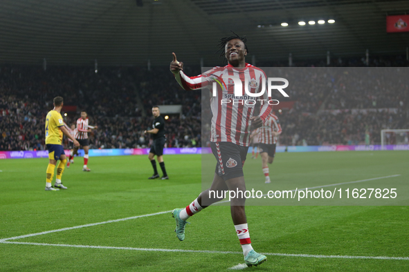 Romaine Mundle celebrates Sunderland's second goal during the Sky Bet Championship match between Sunderland and Derby County at the Stadium...