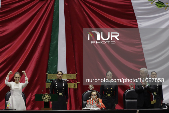 Claudia Sheinbaum (off-white dress) arrives at the Chamber of Deputies in Mexico City, Mexico, on October 1, 2024, to be sworn in as Preside...