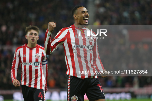 Sunderland's Wilson Isidor celebrates his goal during the Sky Bet Championship match between Sunderland and Derby County at the Stadium Of L...