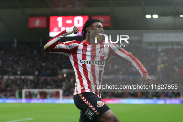 Sunderland's Romaine Mundle celebrates his assist during the Sky Bet Championship match between Sunderland and Derby County at the Stadium O...