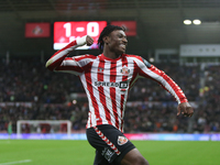 Sunderland's Romaine Mundle celebrates his assist during the Sky Bet Championship match between Sunderland and Derby County at the Stadium O...