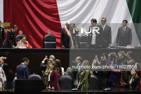 Andres Manuel Lopez Obrador, former president of Mexico, on October 1, 2024, on his arrival at the Chamber of Deputies in Mexico City, Mexic...