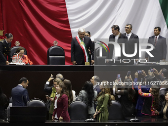 Andres Manuel Lopez Obrador, former president of Mexico, on October 1, 2024, on his arrival at the Chamber of Deputies in Mexico City, Mexic...