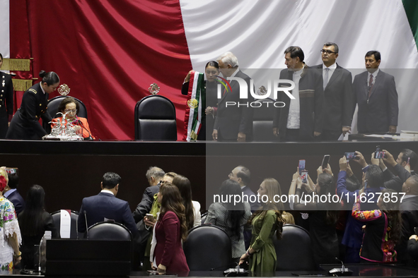 Andres Manuel Lopez Obrador, former president of Mexico, on October 1, 2024, on his arrival at the Chamber of Deputies in Mexico City, Mexic...