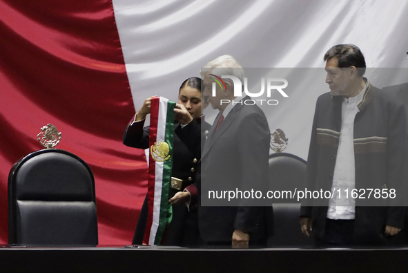 Andres Manuel Lopez Obrador, former president of Mexico, on October 1, 2024, on his arrival at the Chamber of Deputies in Mexico City, Mexic...