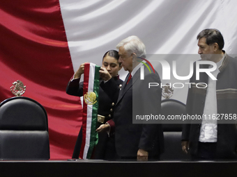 Andres Manuel Lopez Obrador, former president of Mexico, on October 1, 2024, on his arrival at the Chamber of Deputies in Mexico City, Mexic...