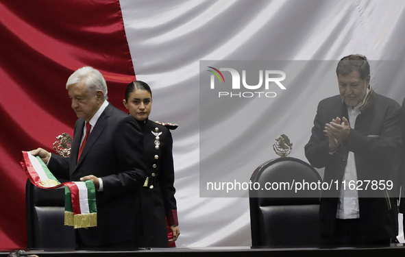 Andres Manuel Lopez Obrador, former president of Mexico, on October 1, 2024, on his arrival at the Chamber of Deputies in Mexico City, Mexic...