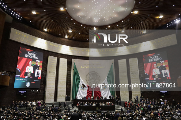 Claudia Sheinbaum (off-white dress), president of Mexico, in Mexico City, Mexico, on October 1, 2024, at the Chamber of Deputies, after rece...