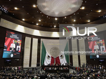 Claudia Sheinbaum (off-white dress), president of Mexico, in Mexico City, Mexico, on October 1, 2024, at the Chamber of Deputies, after rece...