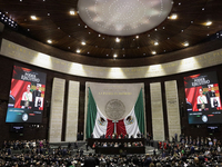 Claudia Sheinbaum (off-white dress), president of Mexico, in Mexico City, Mexico, on October 1, 2024, at the Chamber of Deputies, after rece...