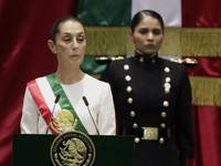 Claudia Sheinbaum (off-white dress), president of Mexico, in Mexico City, Mexico, on October 1, 2024, at the Chamber of Deputies, after rece...