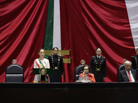 Claudia Sheinbaum (off-white dress), president of Mexico, in Mexico City, Mexico, on October 1, 2024, at the Chamber of Deputies, after rece...