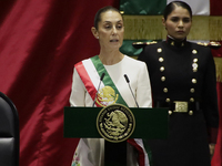 Claudia Sheinbaum (off-white dress), president of Mexico, in Mexico City, Mexico, on October 1, 2024, at the Chamber of Deputies, after rece...