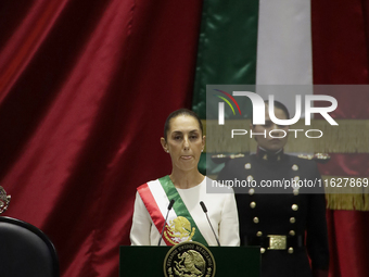 Claudia Sheinbaum (off-white dress), president of Mexico, in Mexico City, Mexico, on October 1, 2024, at the Chamber of Deputies, after rece...