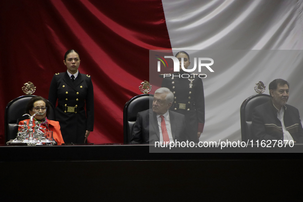 Andres Manuel Lopez Obrador, former president of Mexico, arrives at the Chamber of Deputies in Mexico City, Mexico, on October 1, 2024, wher...