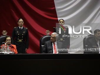 Andres Manuel Lopez Obrador, former president of Mexico, arrives at the Chamber of Deputies in Mexico City, Mexico, on October 1, 2024, wher...