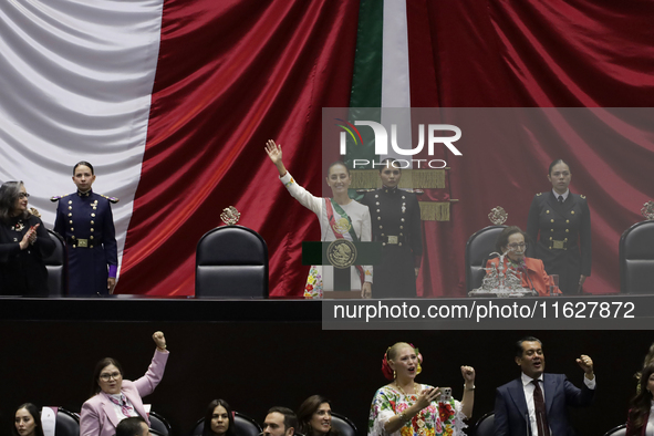 Claudia Sheinbaum (off-white dress), president of Mexico, in Mexico City, Mexico, on October 1, 2024, at the Chamber of Deputies, after rece...