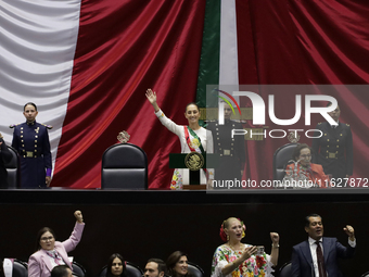 Claudia Sheinbaum (off-white dress), president of Mexico, in Mexico City, Mexico, on October 1, 2024, at the Chamber of Deputies, after rece...