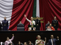 Claudia Sheinbaum (off-white dress), president of Mexico, in Mexico City, Mexico, on October 1, 2024, at the Chamber of Deputies, after rece...