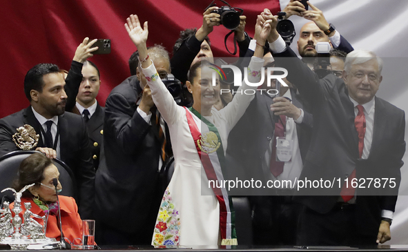 Claudia Sheinbaum (off-white dress), president of Mexico, in Mexico City, Mexico, on October 1, 2024, at the Chamber of Deputies, after rece...