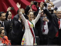 Claudia Sheinbaum (off-white dress), president of Mexico, in Mexico City, Mexico, on October 1, 2024, at the Chamber of Deputies, after rece...