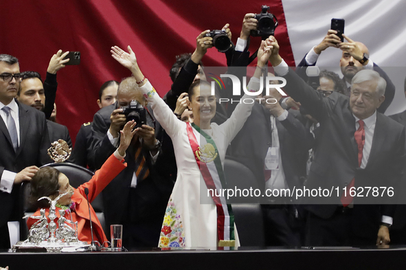 Claudia Sheinbaum (off-white dress), president of Mexico, in Mexico City, Mexico, on October 1, 2024, at the Chamber of Deputies, after rece...