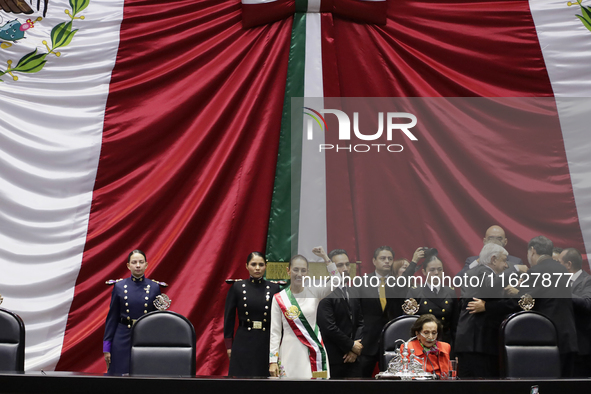 Claudia Sheinbaum (off-white dress), president of Mexico, in Mexico City, Mexico, on October 1, 2024, at the Chamber of Deputies, after rece...