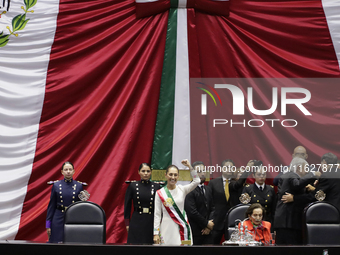 Claudia Sheinbaum (off-white dress), president of Mexico, in Mexico City, Mexico, on October 1, 2024, at the Chamber of Deputies, after rece...