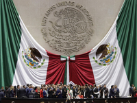 Claudia Sheinbaum (off-white dress), president of Mexico, in Mexico City, Mexico, on October 1, 2024, at the Chamber of Deputies, after rece...