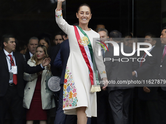 Claudia Sheinbaum, president of Mexico, greets supporters in Mexico City, Mexico, on October 1, 2024, at the Chamber of Deputies after recei...