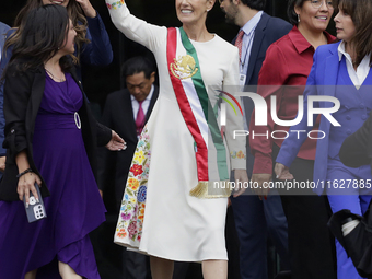 Claudia Sheinbaum, president of Mexico, greets supporters in Mexico City, Mexico, on October 1, 2024, at the Chamber of Deputies after recei...