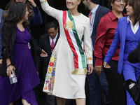 Claudia Sheinbaum, president of Mexico, greets supporters in Mexico City, Mexico, on October 1, 2024, at the Chamber of Deputies after recei...