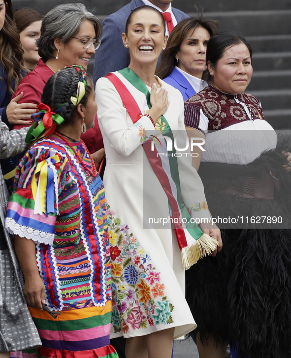 Claudia Sheinbaum, president of Mexico, greets supporters in Mexico City, Mexico, on October 1, 2024, at the Chamber of Deputies after recei...