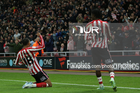 Sunderland's Wilson Isidor celebrates his goal during the Sky Bet Championship match between Sunderland and Derby County at the Stadium Of L...